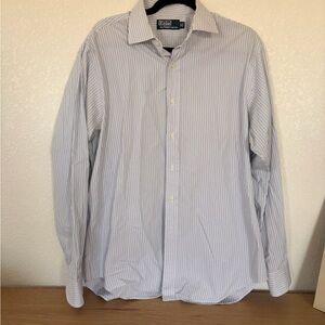 Ralph Lauren Men's White Dress Shirt with Light Blue Pinstripes